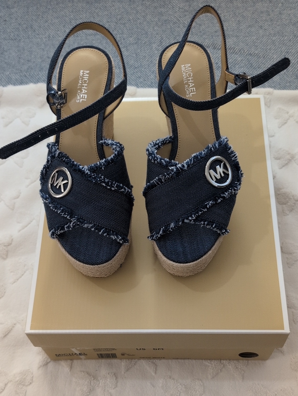 Michael Kors Dark Blue Denim Frayed Espadrille Wedge Sandals